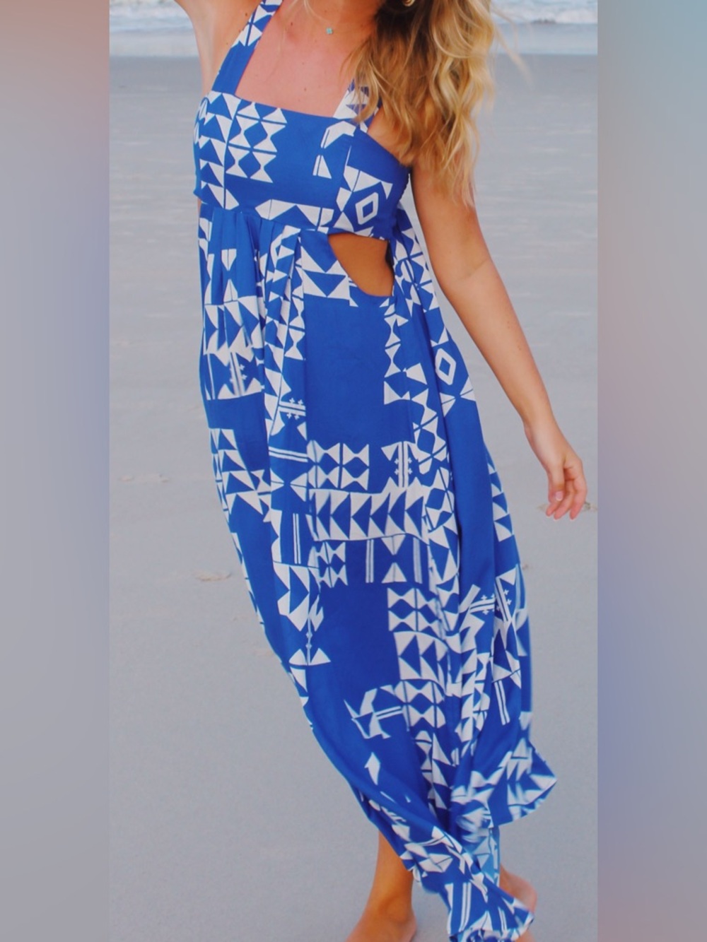 Anthropologie Blue and White Geometric Cutout Maxi
